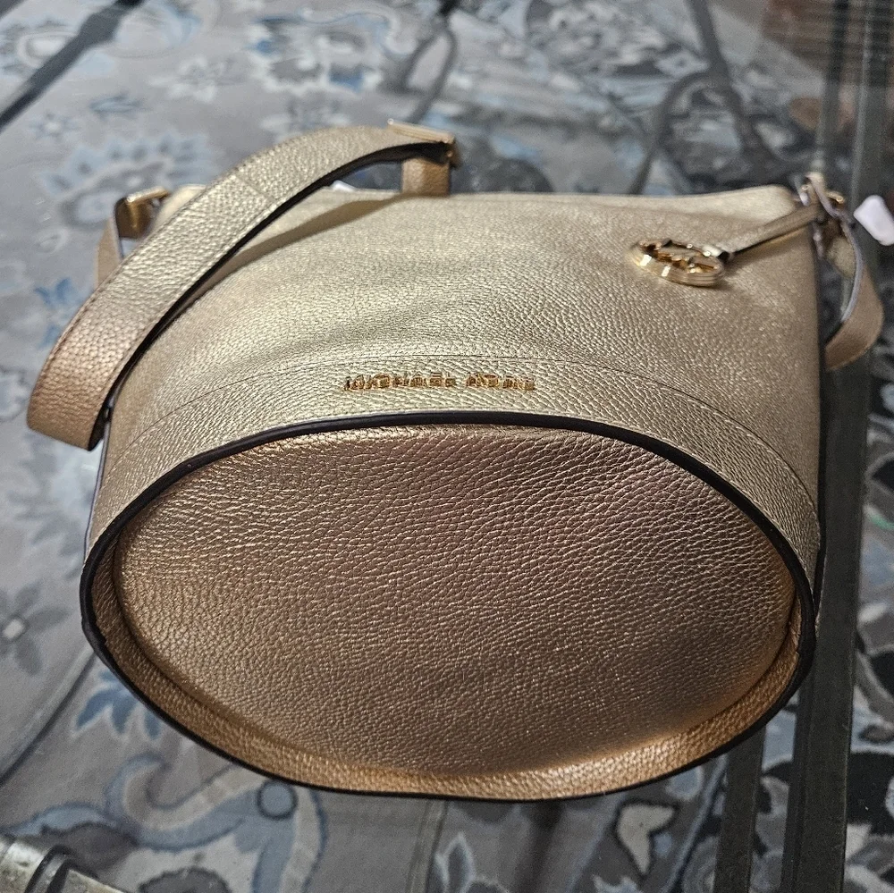 Michael Kors Townsend Small Metallic Gold Pebbled Leather Bucket Crossbody Bag